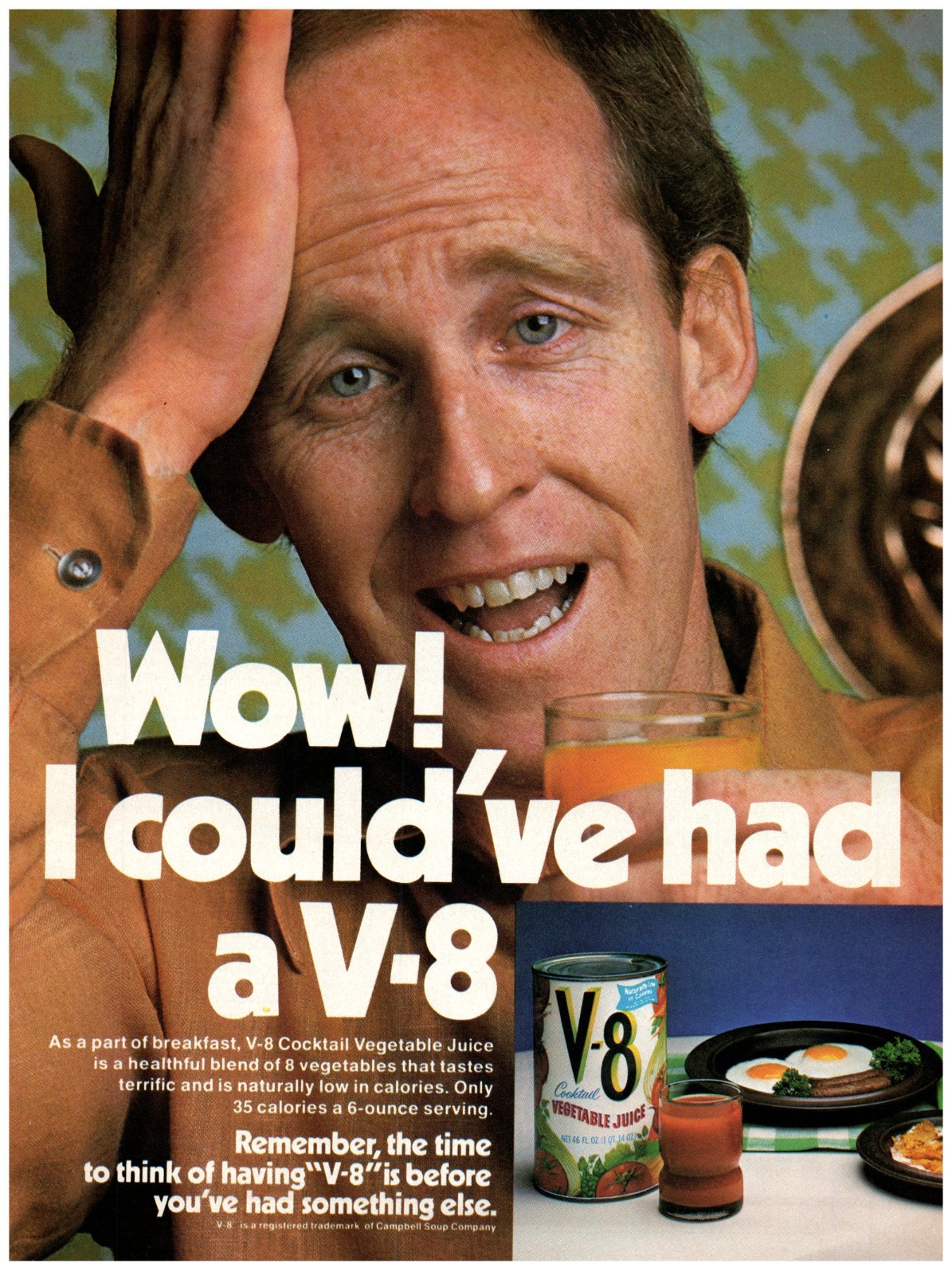 1978 PRINT AD, Wow I Could've Had A V-8 70's Breakfast Vegetable Juice Ad