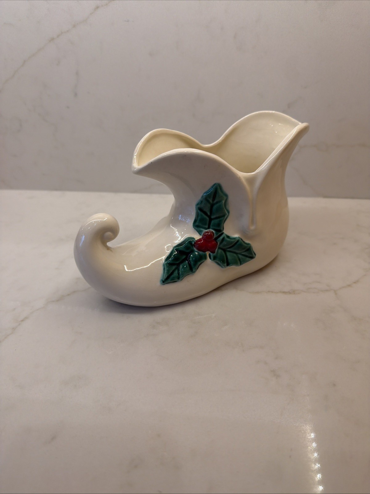 Vintage Elf Shoe Planter Ivory Ceramic Mid Century Modern Christmas 6.5”x4.5”
