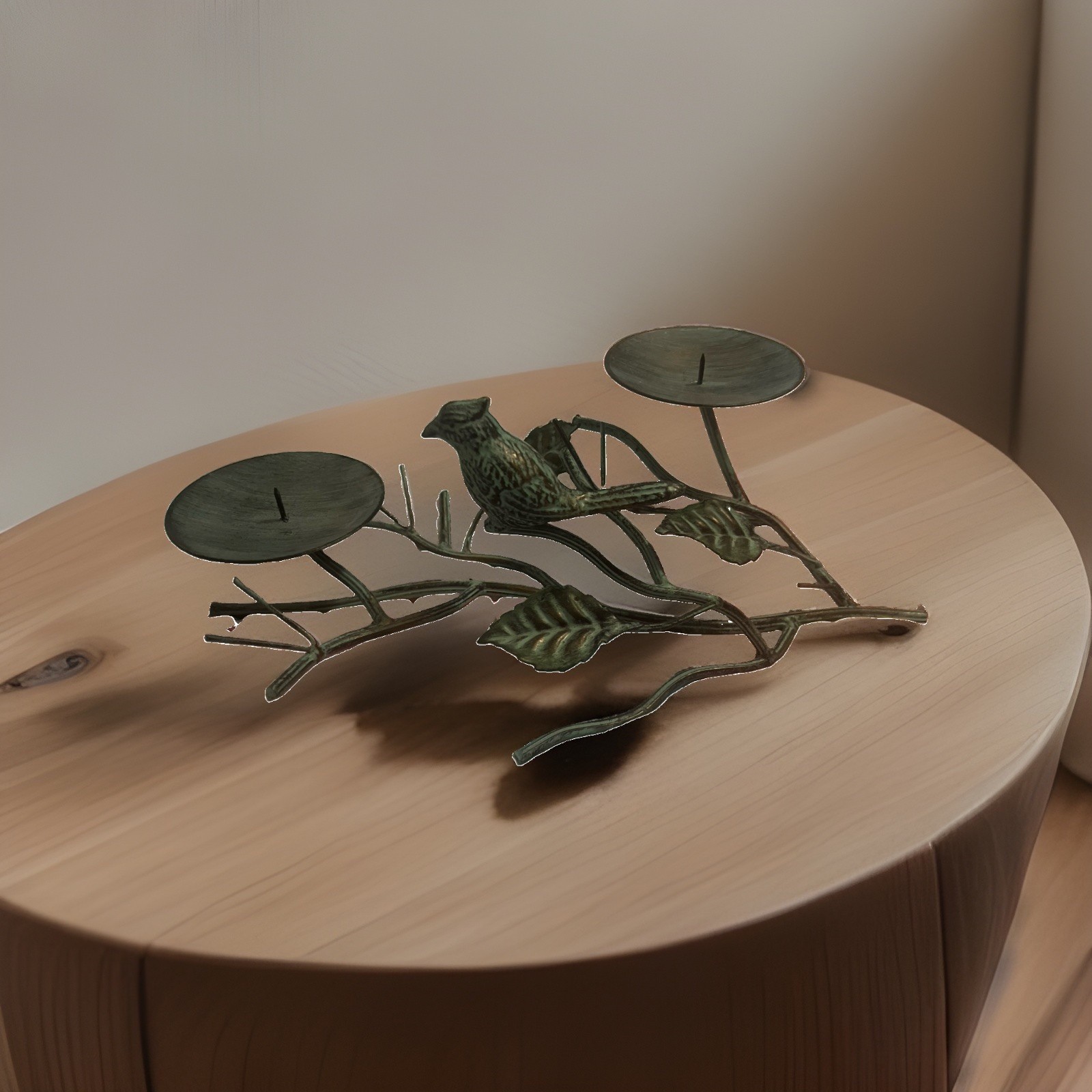 Beautiful Metallic candle Holder With Leaves And Bird.