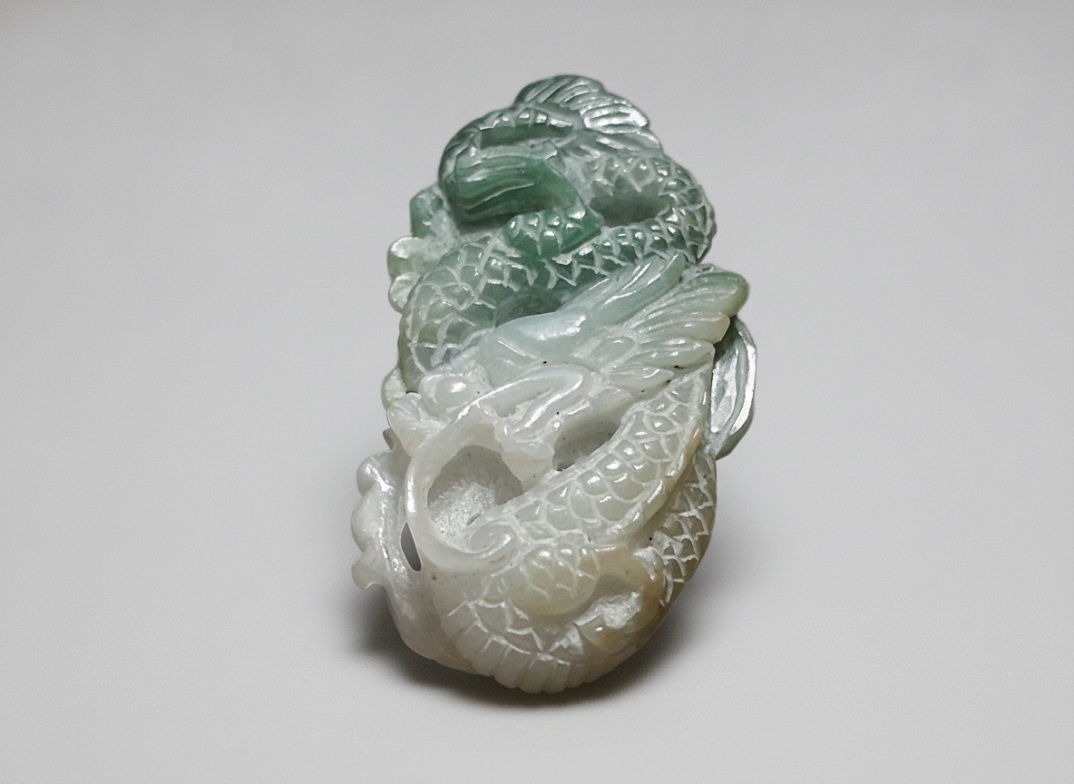 Vintage Carved Jadeite Jade Dragon Chilong Amongst Clouds Pendant Chinese Amulet