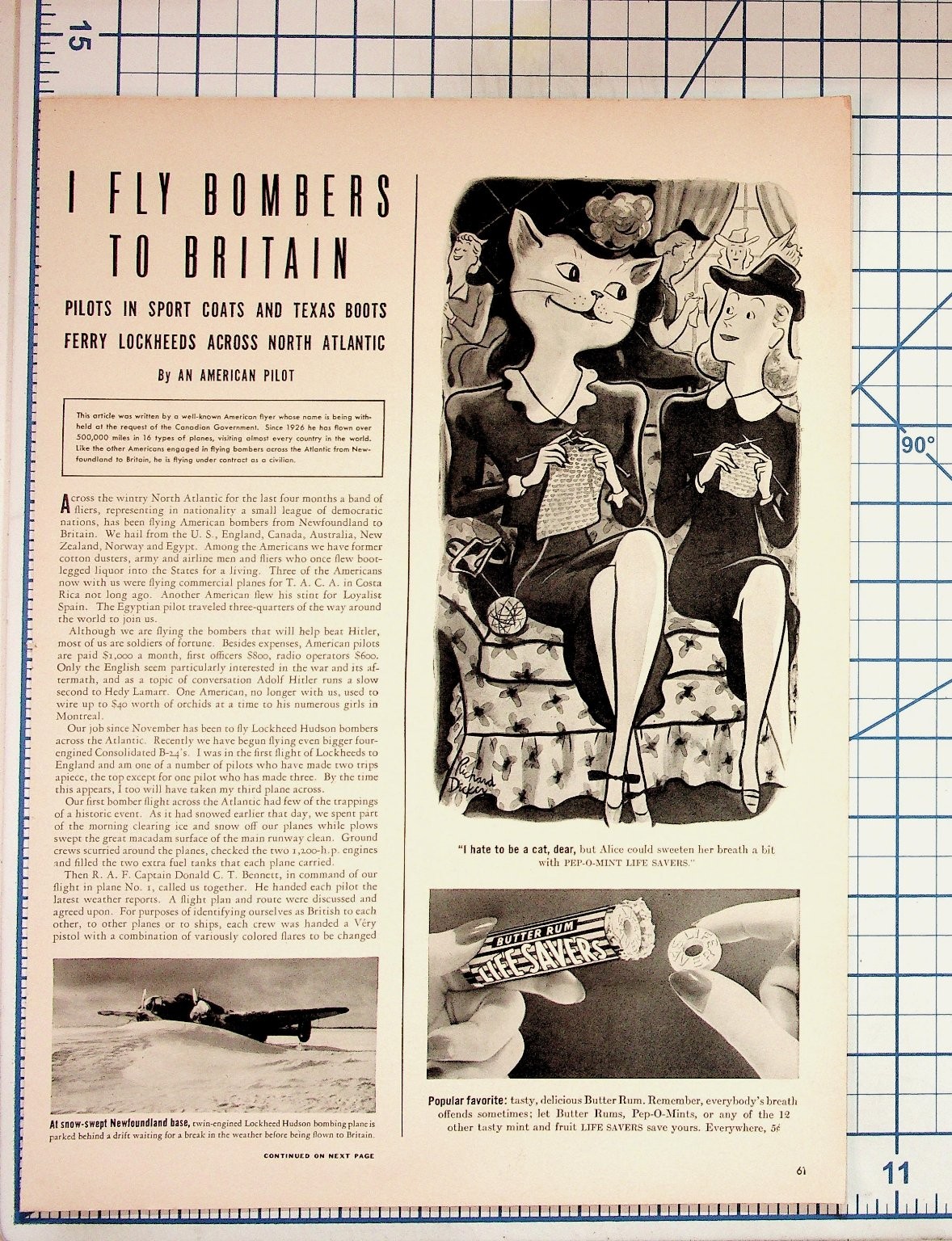 WWII Bomber Ferry Article, Spam Ad, Life Savers, Libby\'s Juice Vintage Magazine