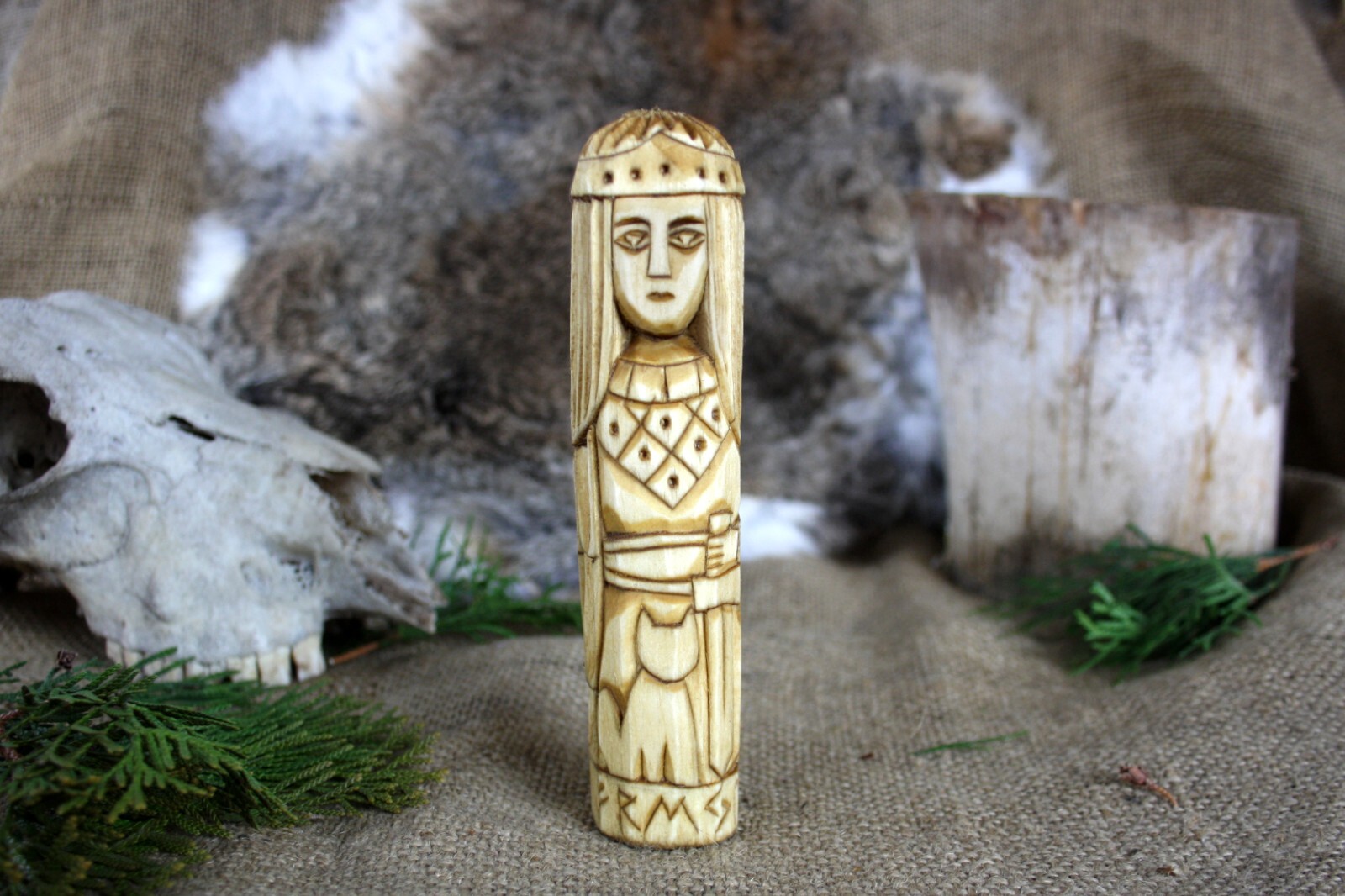 Small wooden figurine Freya. Norse Goddess Freya statue. Freya idol Small wooden figurine Freya. Norse Goddess Freya statue. Freya idol