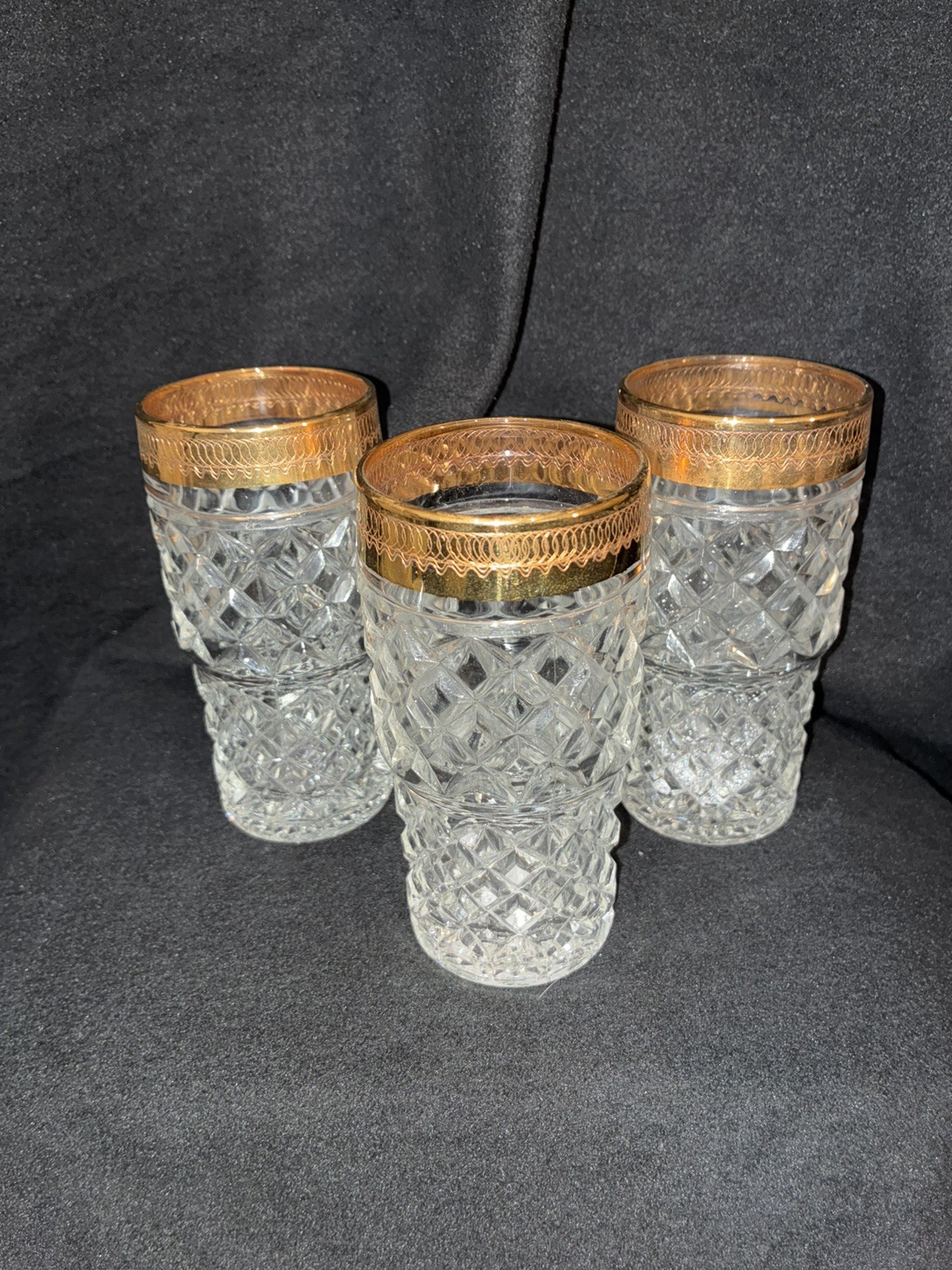 Vtg 1970s Anchor Hocking Wexford Gold Rim Glasses Set of 3 Juice Tumblers MINT