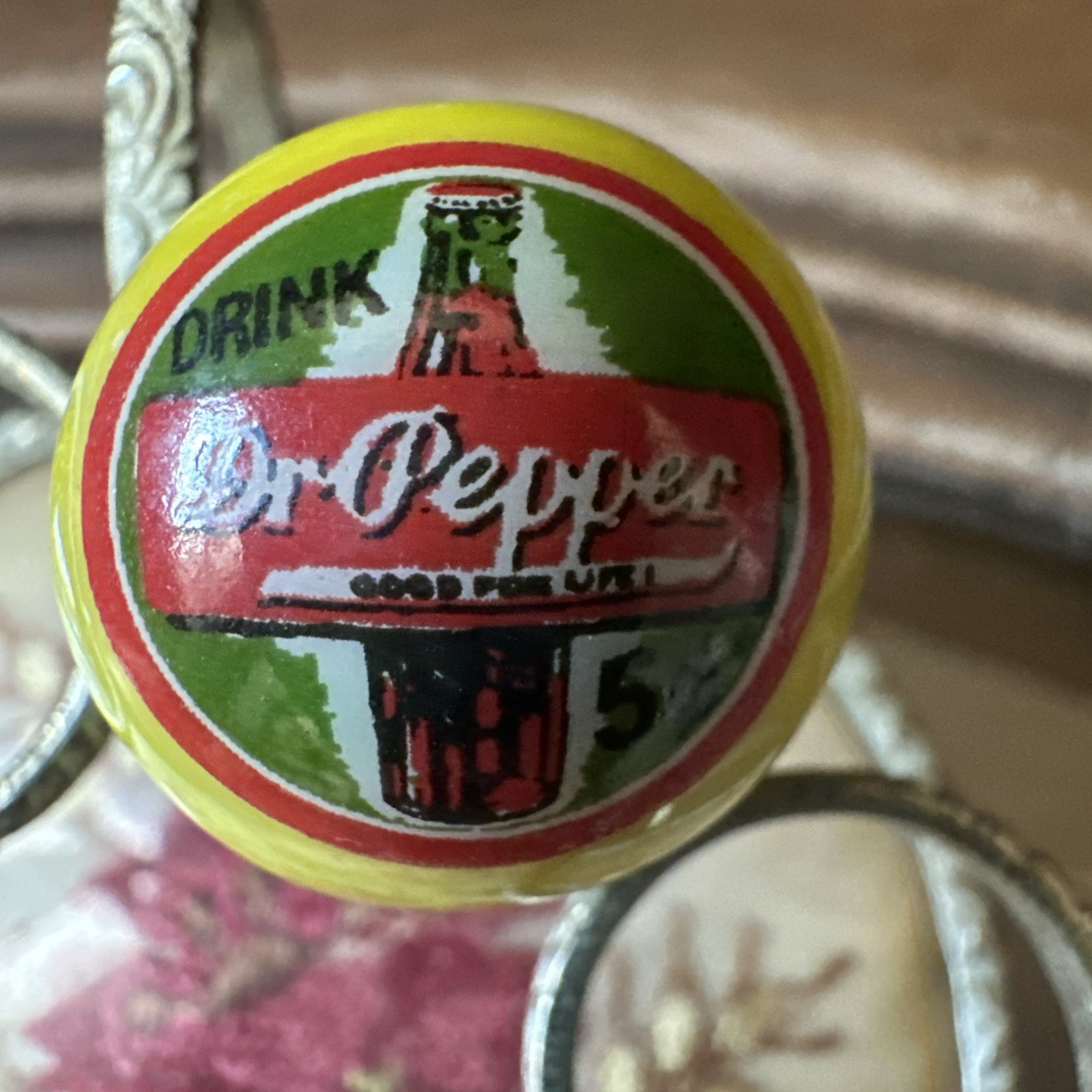 Vtg 1930 Peltier Glass Dr Pepper 5c Soda Advertising Character Marble Shooter 1\