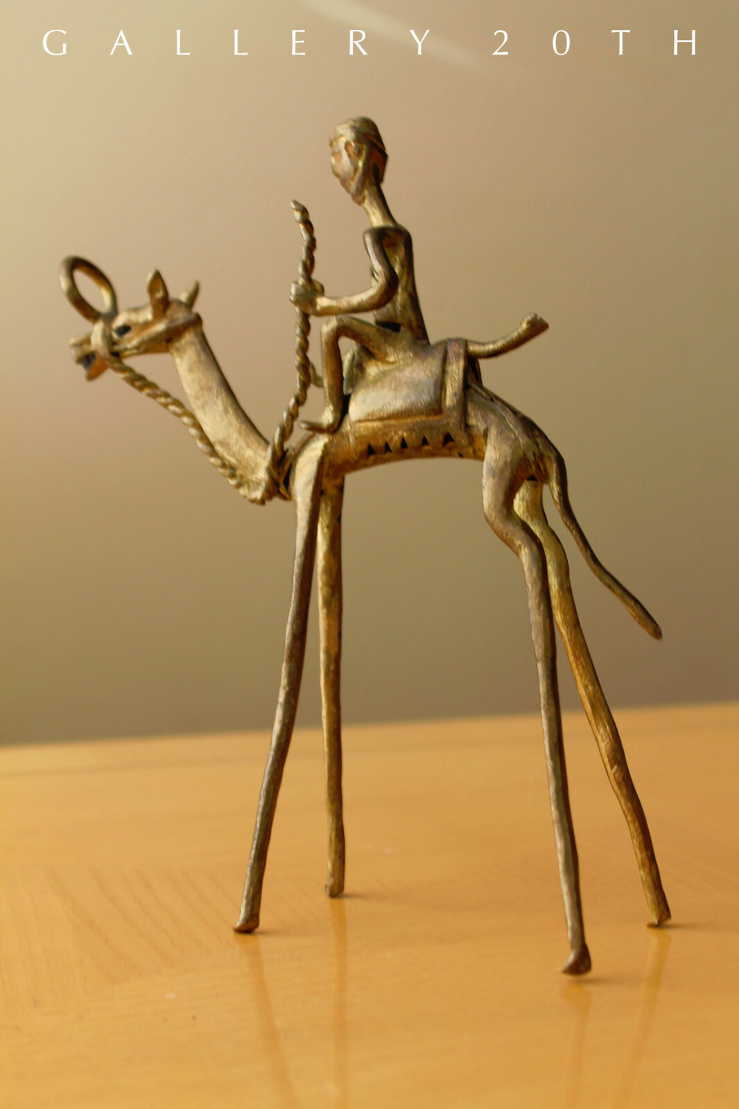 COOL ORIG. MID CENTURY MODERNIST BRASS CAMEL & RIDER SCULPTURE VTG 50'S GOLD