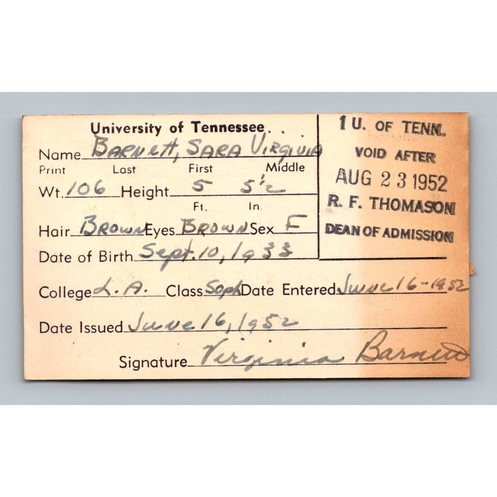 1952 University of Tennessee Student ID Card Knoxville UT Vols