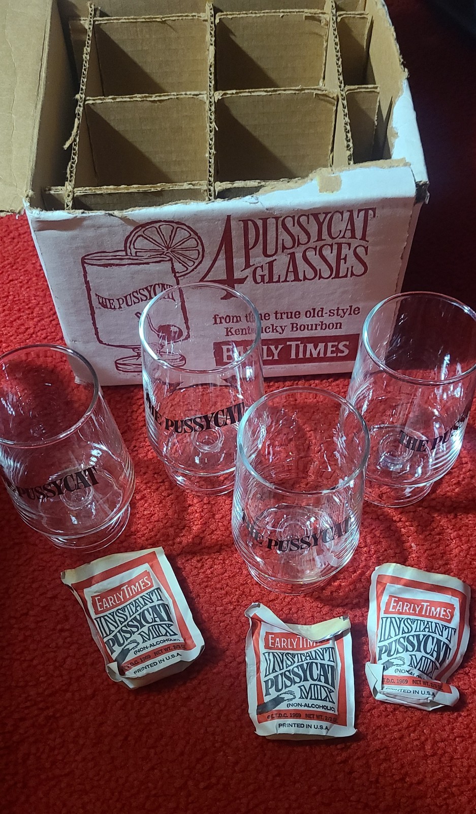 The Pussycat & Bourbon 1970s Early Times Cocktail Footed Glasses Set Of 4 VTG
