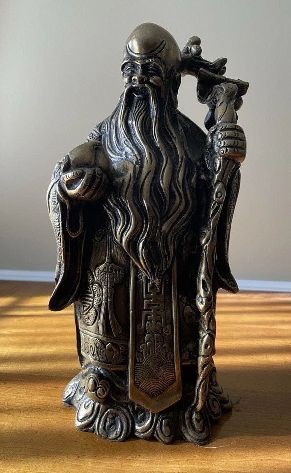 Antique Chinese Shou Xing God Of Longevity Statue 13” Tall Heavy Bronze Brass