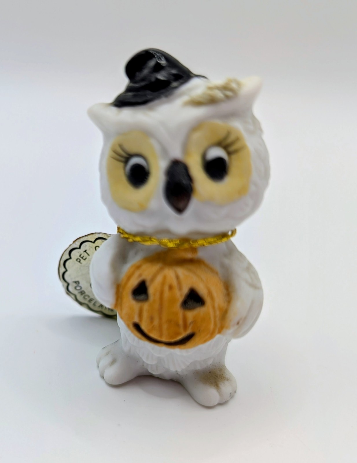 Vintage Napco October Owl Witch Hat Pumpkin Figurine Brown White Halloween