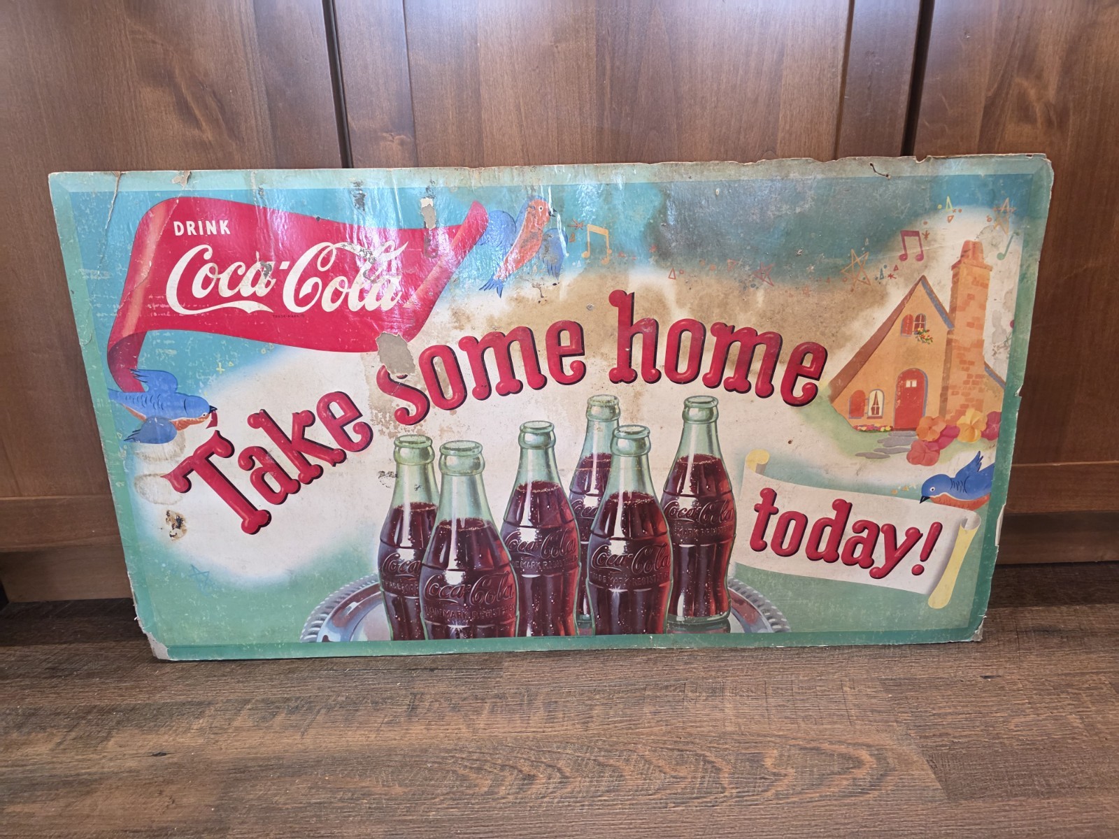 Vintage 1951 Coca-Cola Cardboard Sign 20x36 Original Take Some Home Today Litho
