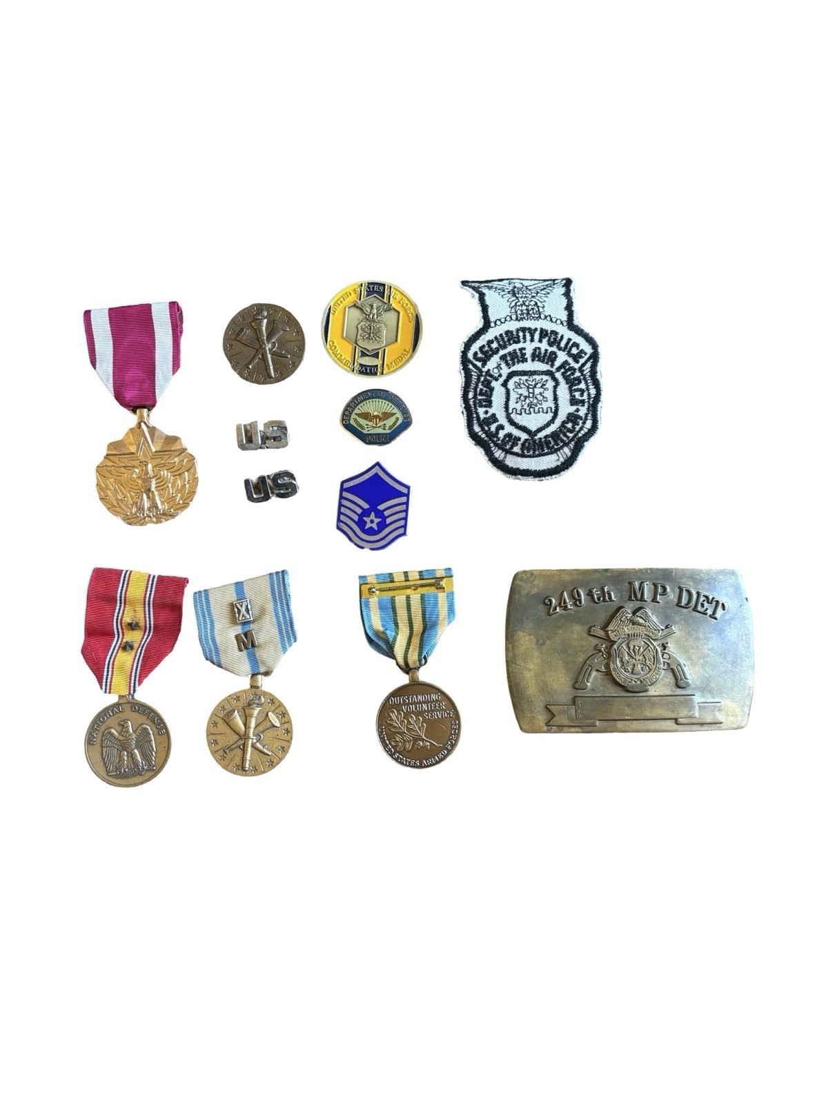 Vintage US Military Insignia Medals Lot - 249th MP DET Belt Buckle Patch Pins