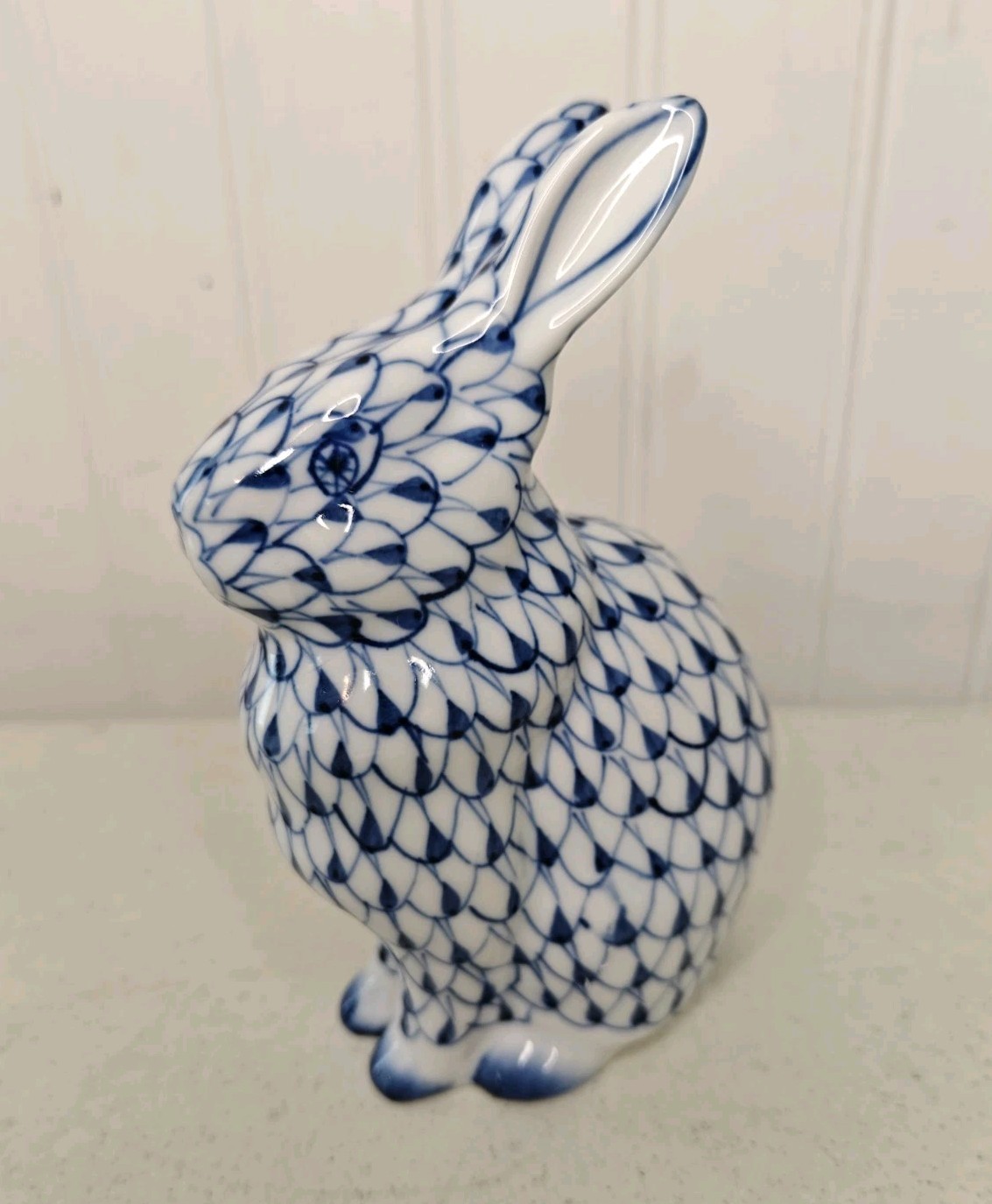 Vintage Andrea Sadek Blue Fishnet Bunny Rabbit Figure Figurine Hand Painted 5.5”