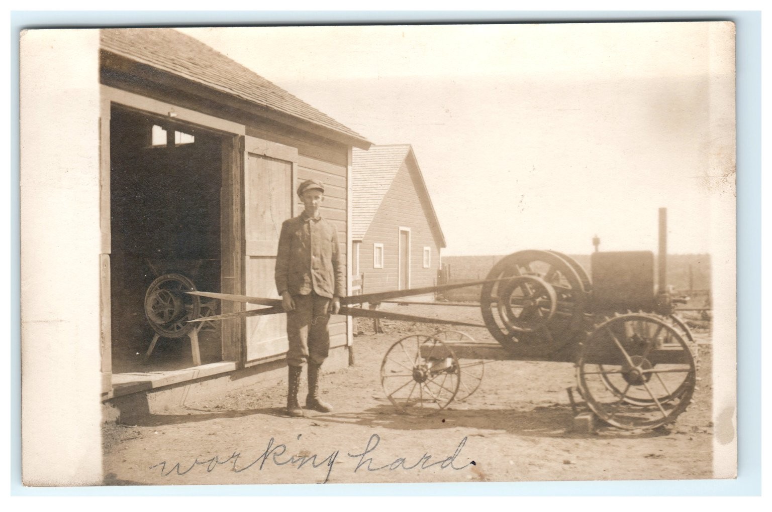 1916 RPPC Young Man & Vintage Farm Tractor Engine \ 1916 RPPC Young Man & Vintage Farm Tractor Engine \