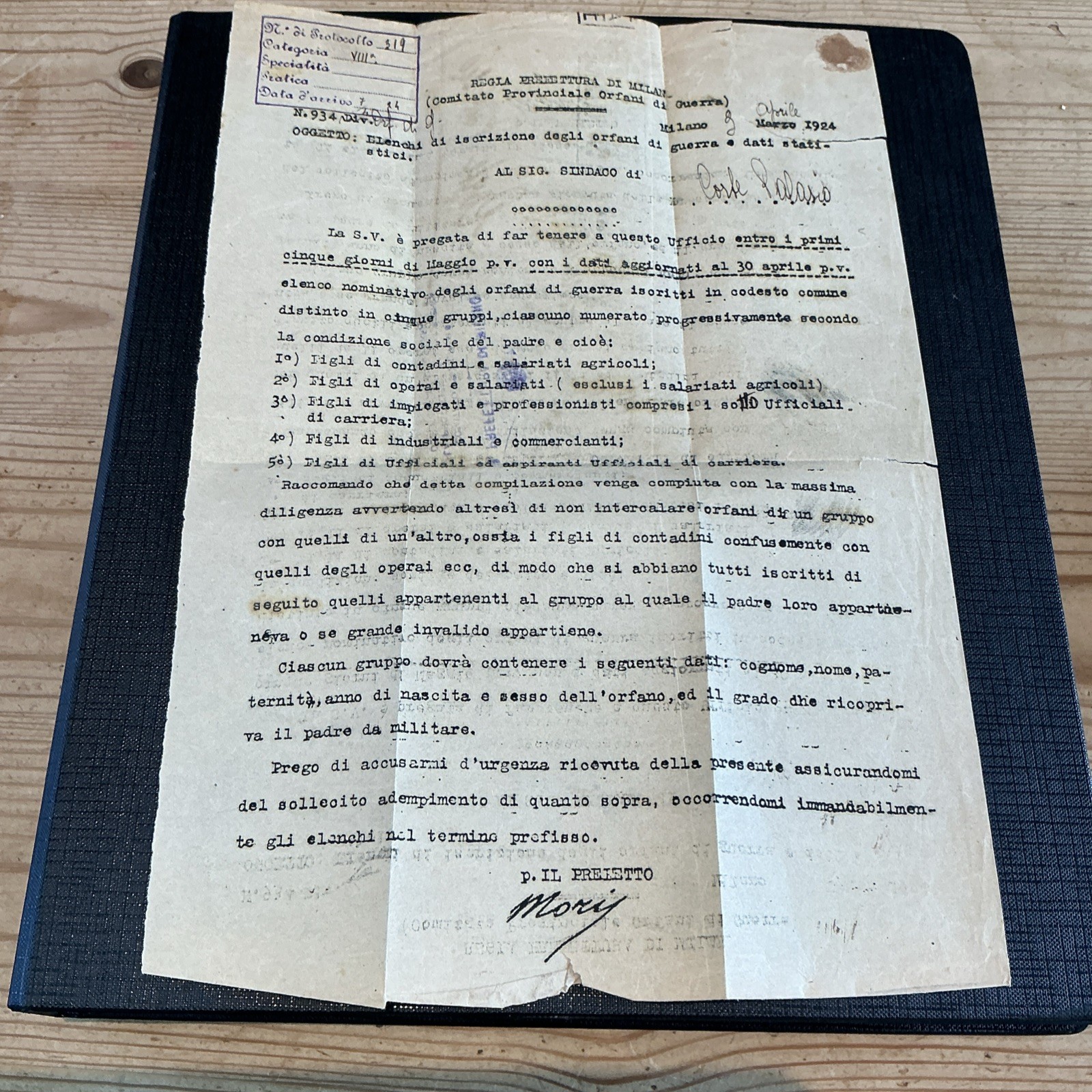 Letter From The Provincial Committee for War Orphans Milan Italy 1924