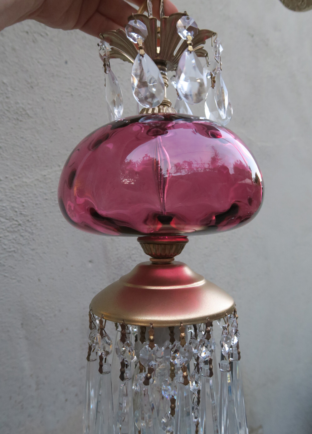 Vintage Fenton thumbnail Cranberry art Glass Brass lamp crystal ceiling canopy