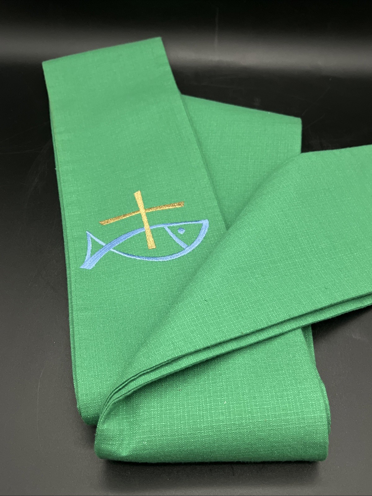 Vtg Slabbinck Green Clergy Priest Overlay Stole Fish Ichthys Cross Belgium 54