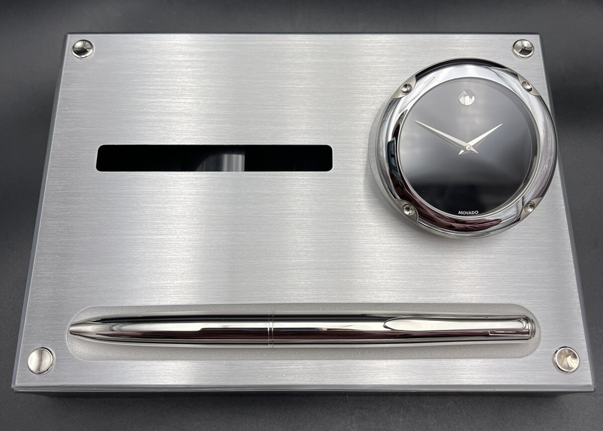 Movado Note Pad Dispenser Desk Set Brushed Aluminum Needs Battery PreOwned