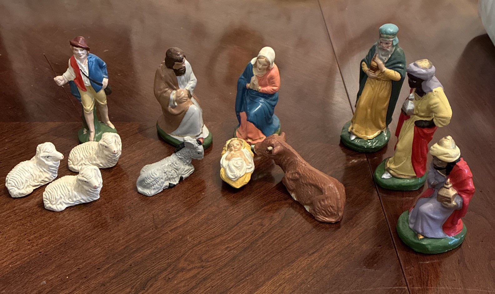 VTG set 12 Piece Nativity Figurines Made in Germany 4” Paper Mache & Chalk