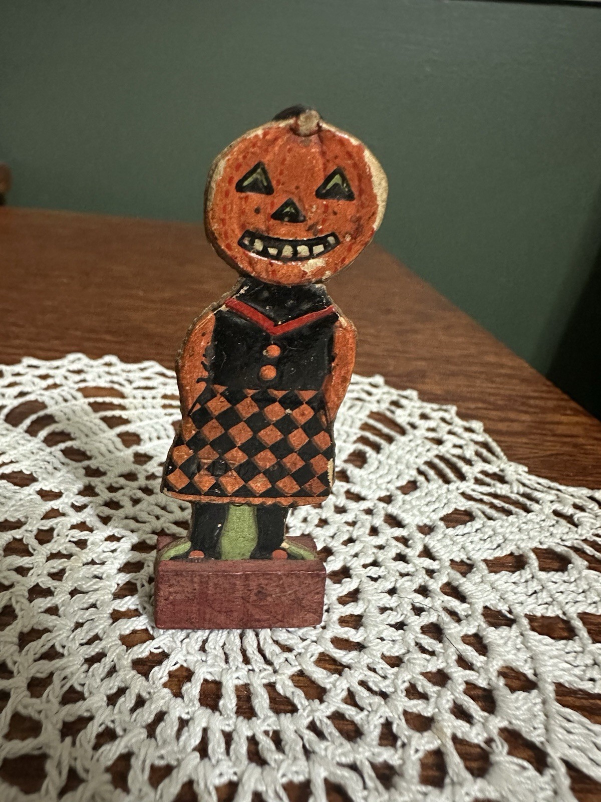 Vtg. Antique Halloween German Skittle Game Piece Pumpkin Head Girl 1920's
