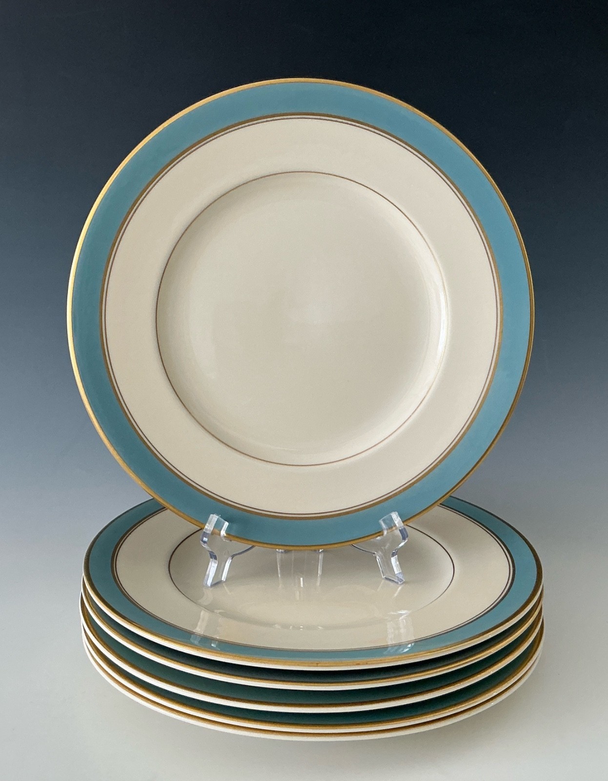 Set/6 Syracuse Edmonton Dinner Plates w/Light Turquoise & Gold Band