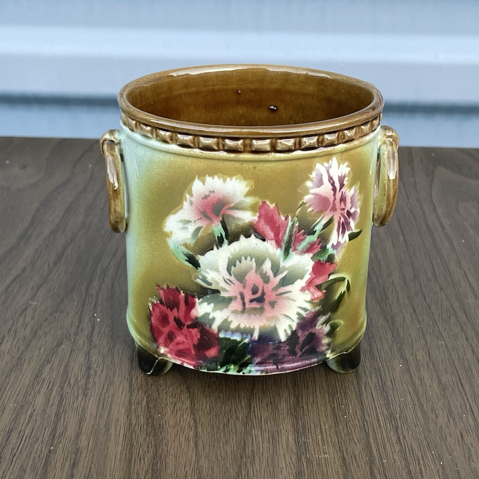 Vintage Czechoslovakian Hand Painted Planter Carnations Flowers Art Pottery