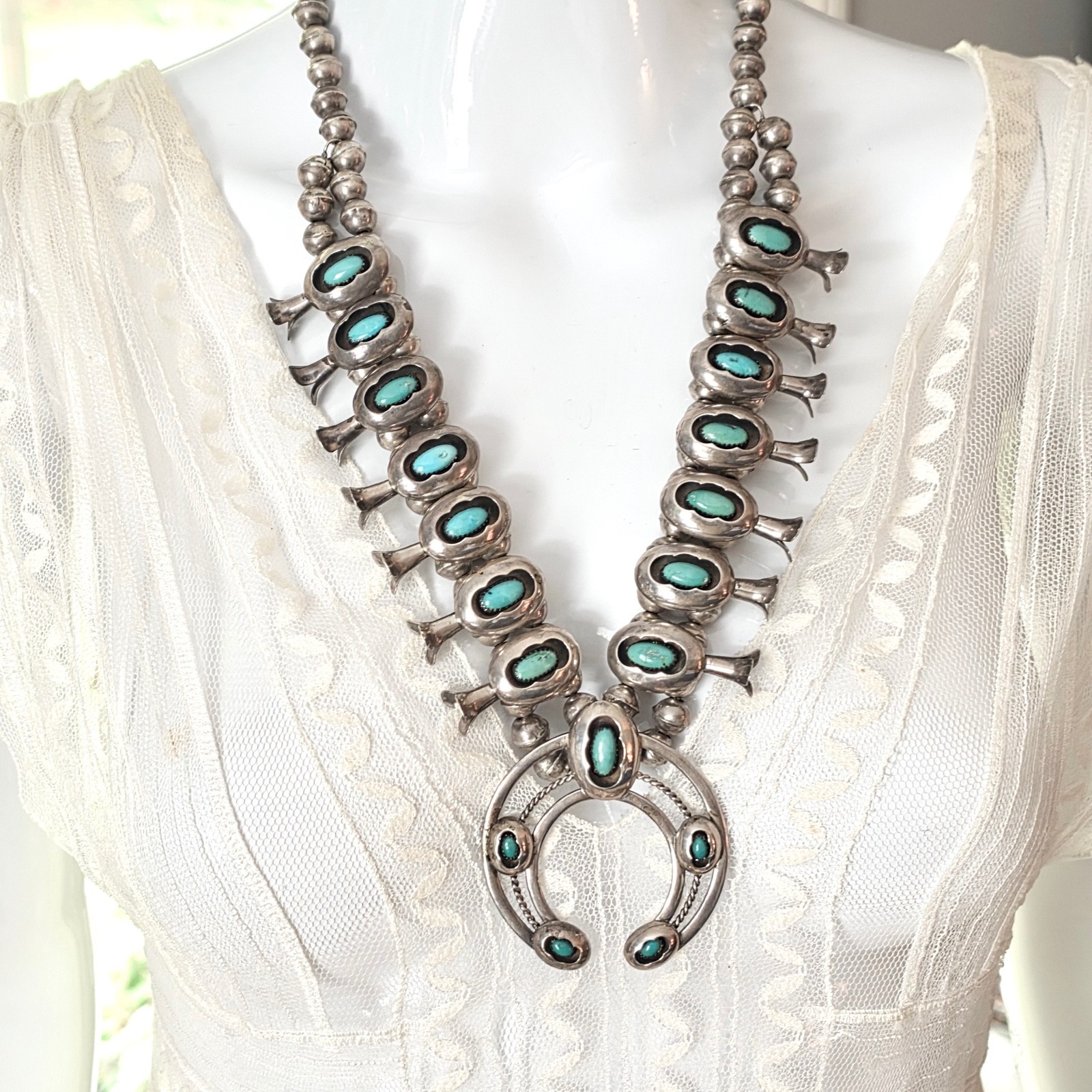 VTG NATIVE AMERICAN LORENCITA GARCIA SD 925 SILVER TURQUOISE SQUASH BLOSSOM,25\ VTG NATIVE AMERICAN LORENCITA GARCIA SD 925 SILVER TURQUOISE SQUASH BLOSSOM,25\