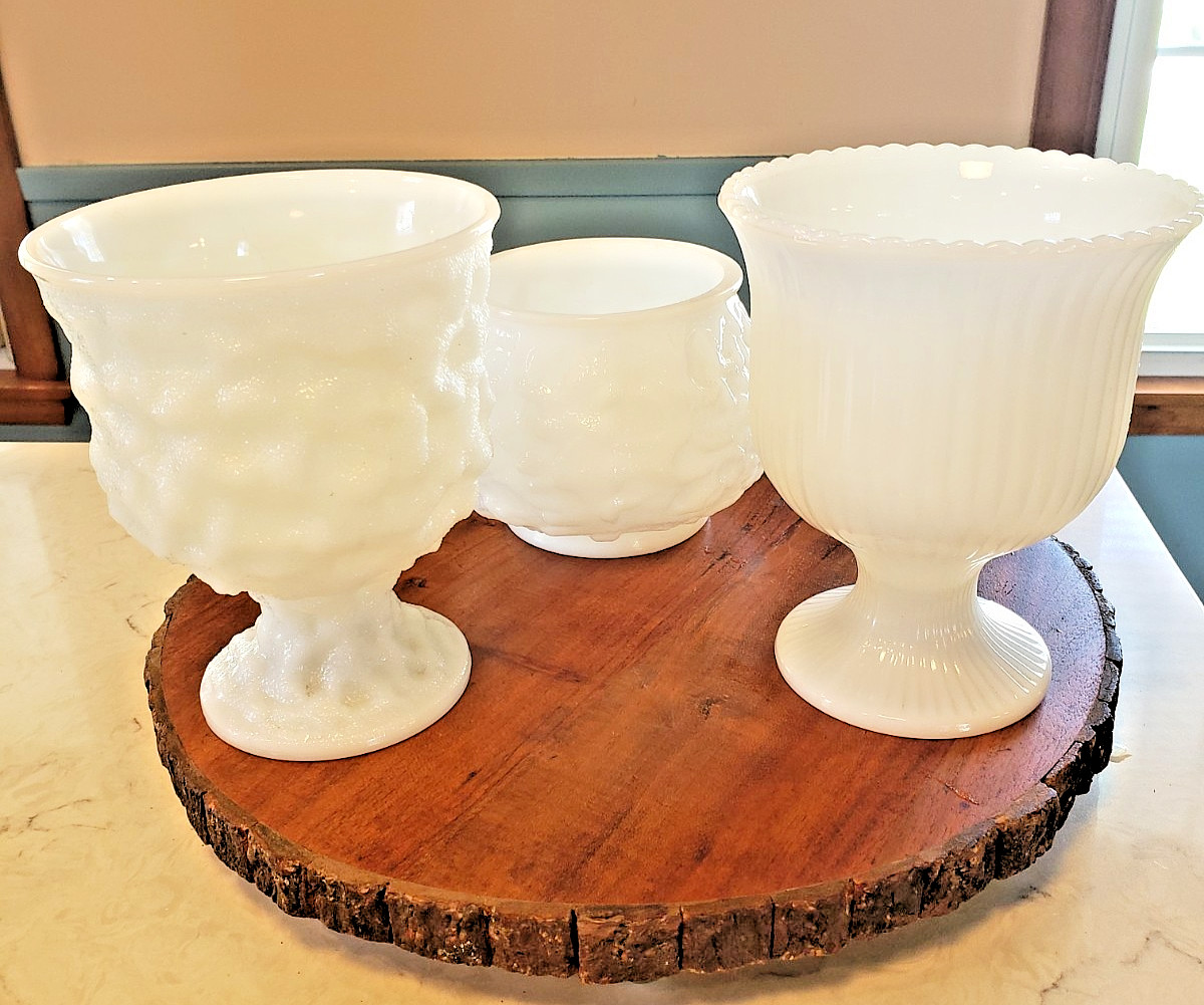 Vtg E.O. Brody Milk Glass Planter Vase Lot of 3 MCM Crinkle Ribbed Pedestal Set