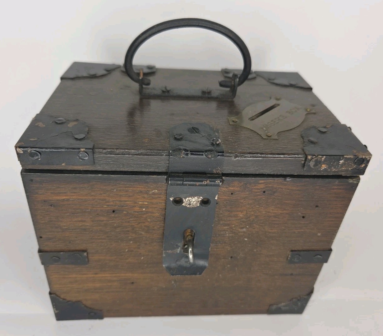 Antique Misers Box Wooden Coin Bank Stamped Steel Hardware