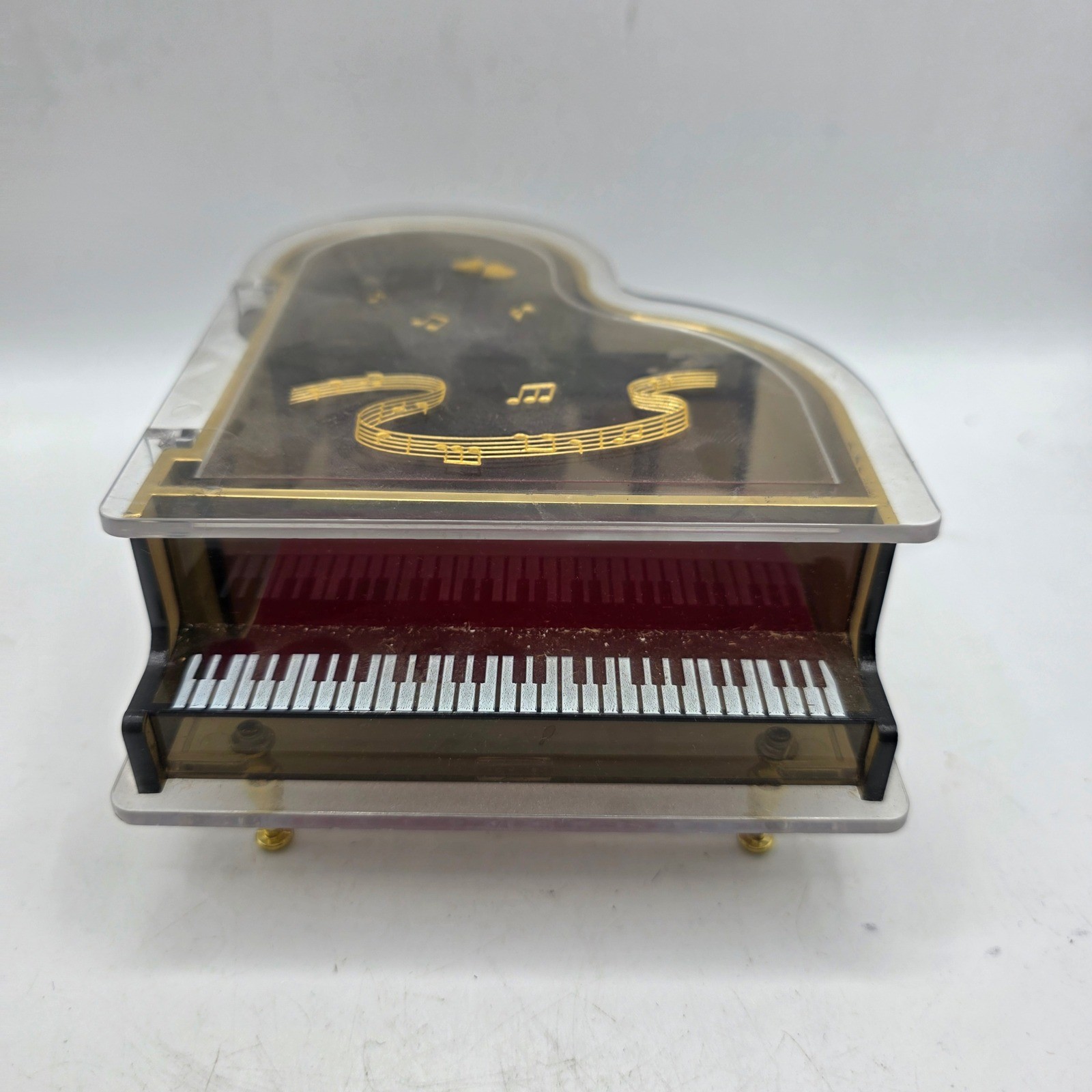 Vintage Clear Acrylic Grand Piano Music Box Jewelry Trinket Box Gold Notes Works