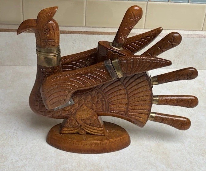 Large Vintage Carved Mahogany PEACOCK Turkey Carving Set Knife Fork 1950’s Large Vintage Carved Mahogany PEACOCK Turkey Carving Set Knife Fork 1950’s