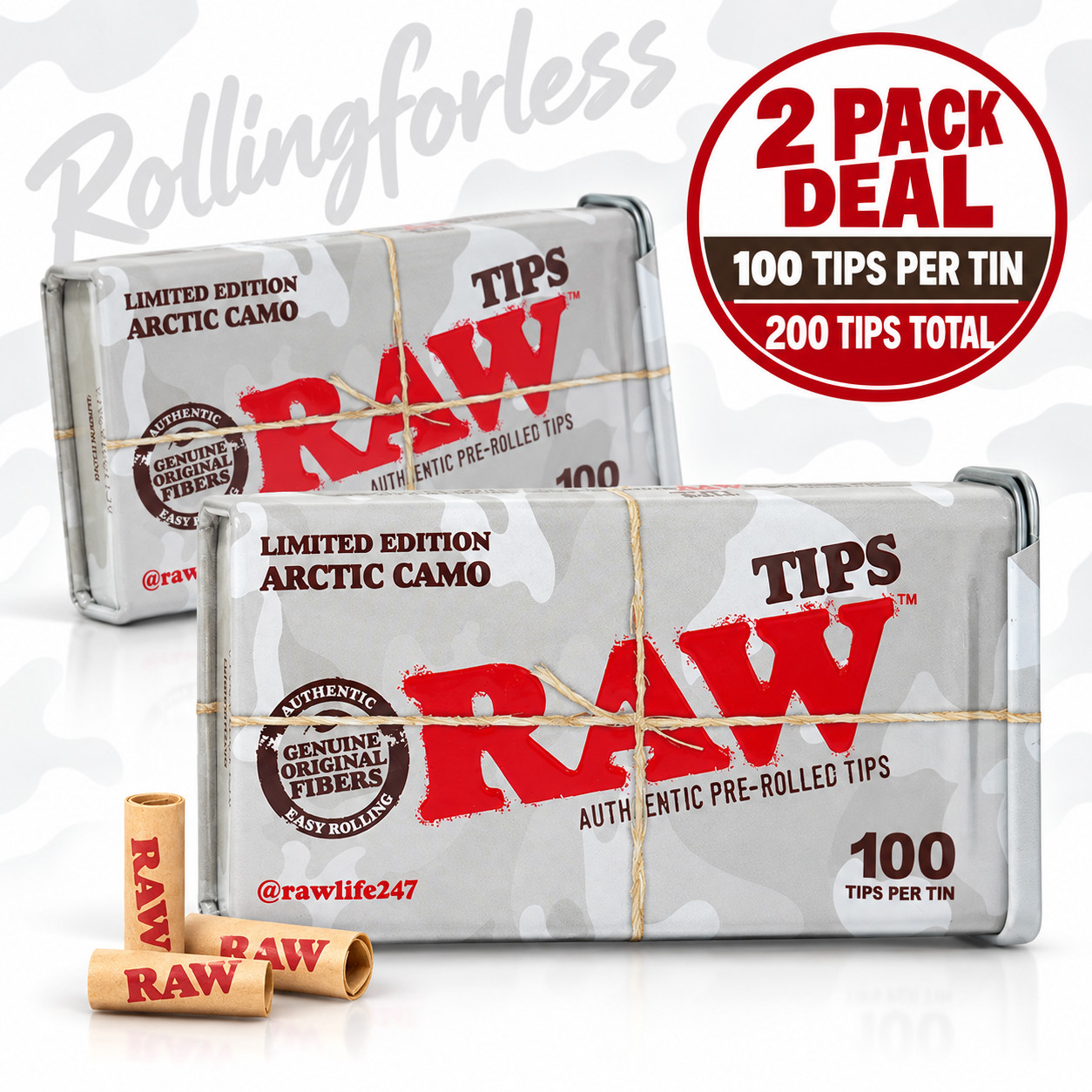 2 Pack RAW Limited Edition Arctic Camo Pre-Rolled Tips Tins 200 Tips Total