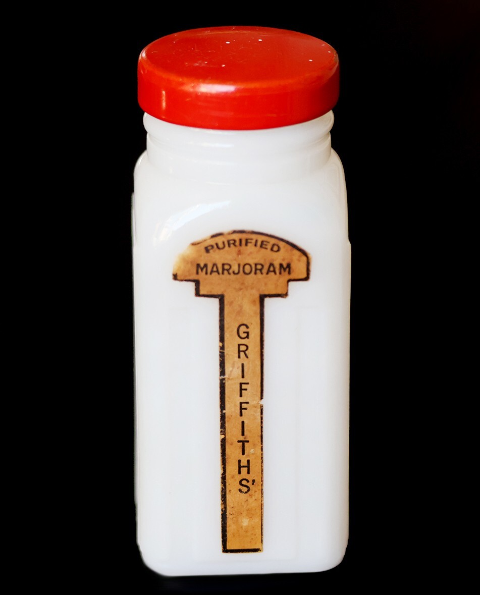 Griffith\'s Purified Marjoram Spice Jar Bottle w/ Red Lid Milk Glass Vintage Griffith\'s Purified Marjoram Spice Jar Bottle w/ Red Lid Milk Glass Vintage