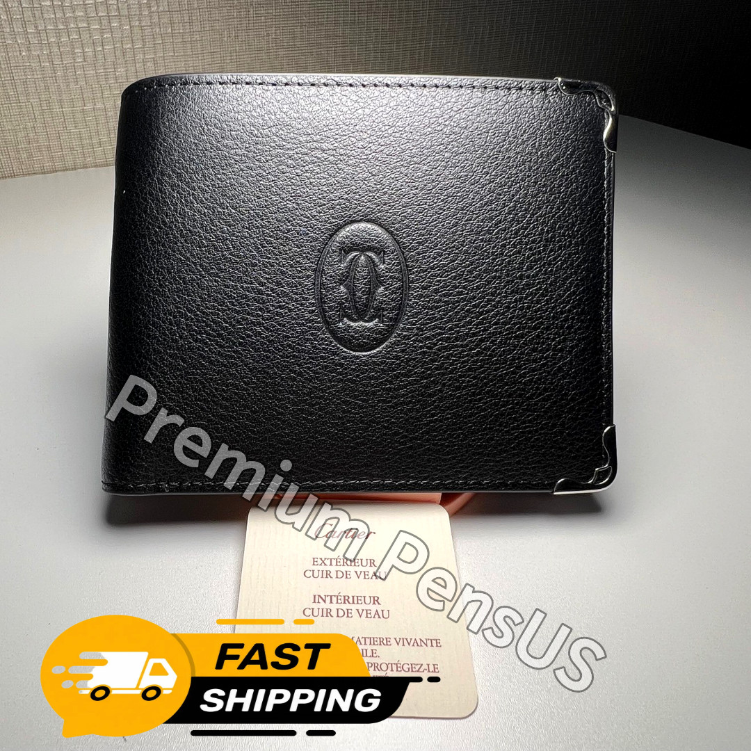 CARTIER Must de Cartier Classic Black Leather Wallet Silver Trim Rare