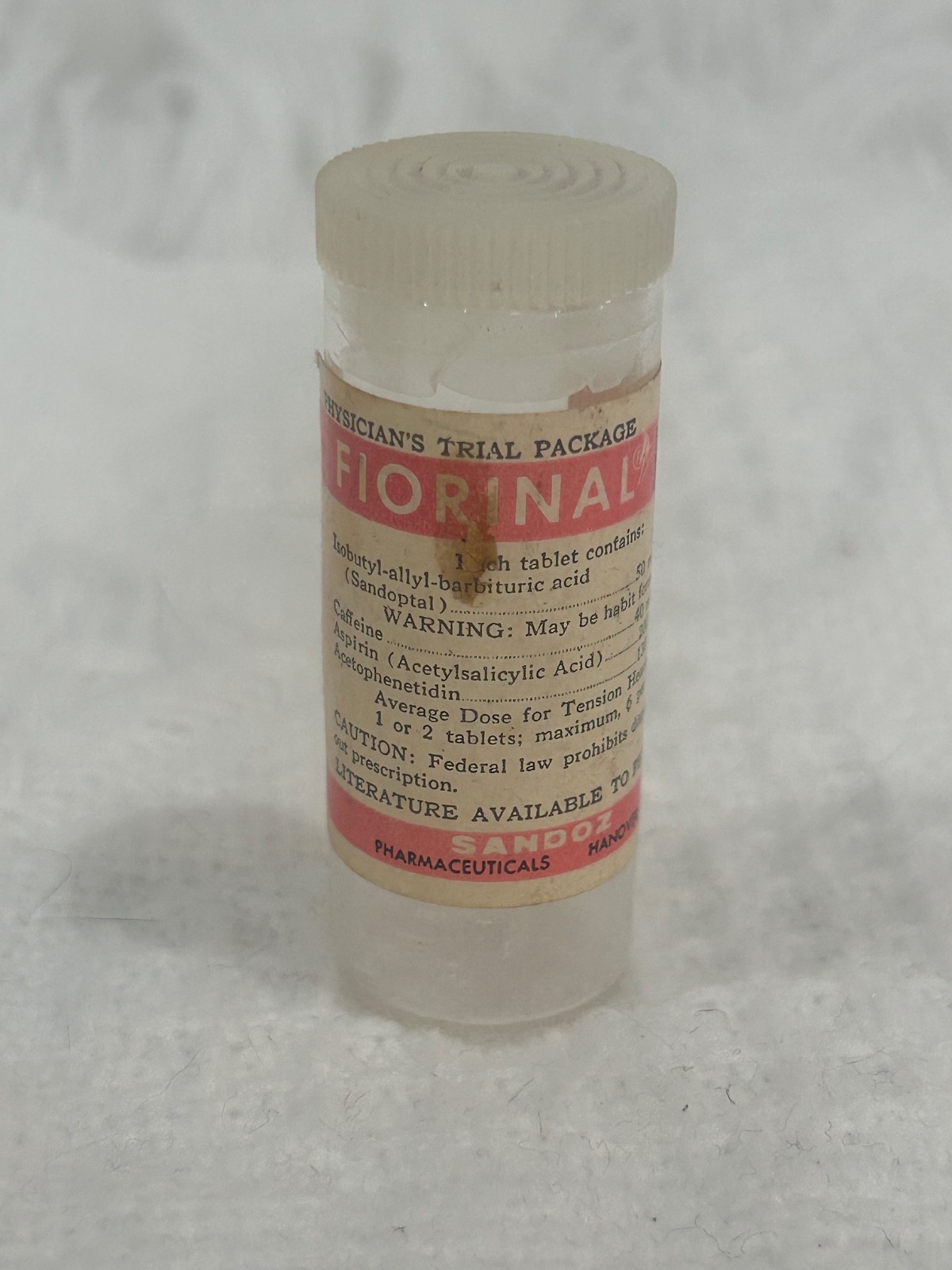 Sandoz Fiorinal EMPTY VINTAGE Barbiturate Medicine Sample Bottle RARE Pharma