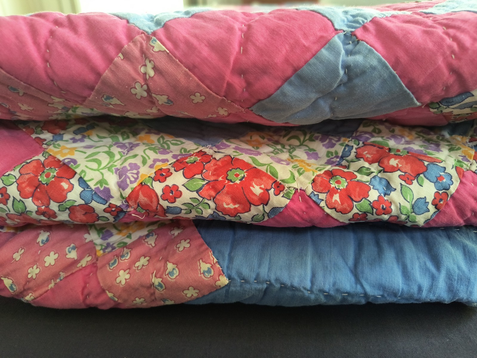 Vintage Handmade Quilt, Feed Sack Back, 95x 69