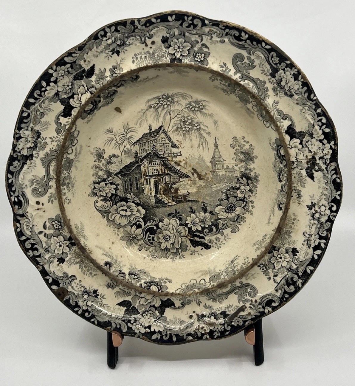 Antique Minton Transferware Soup Bowl Black White English Staffordshire Pottery
