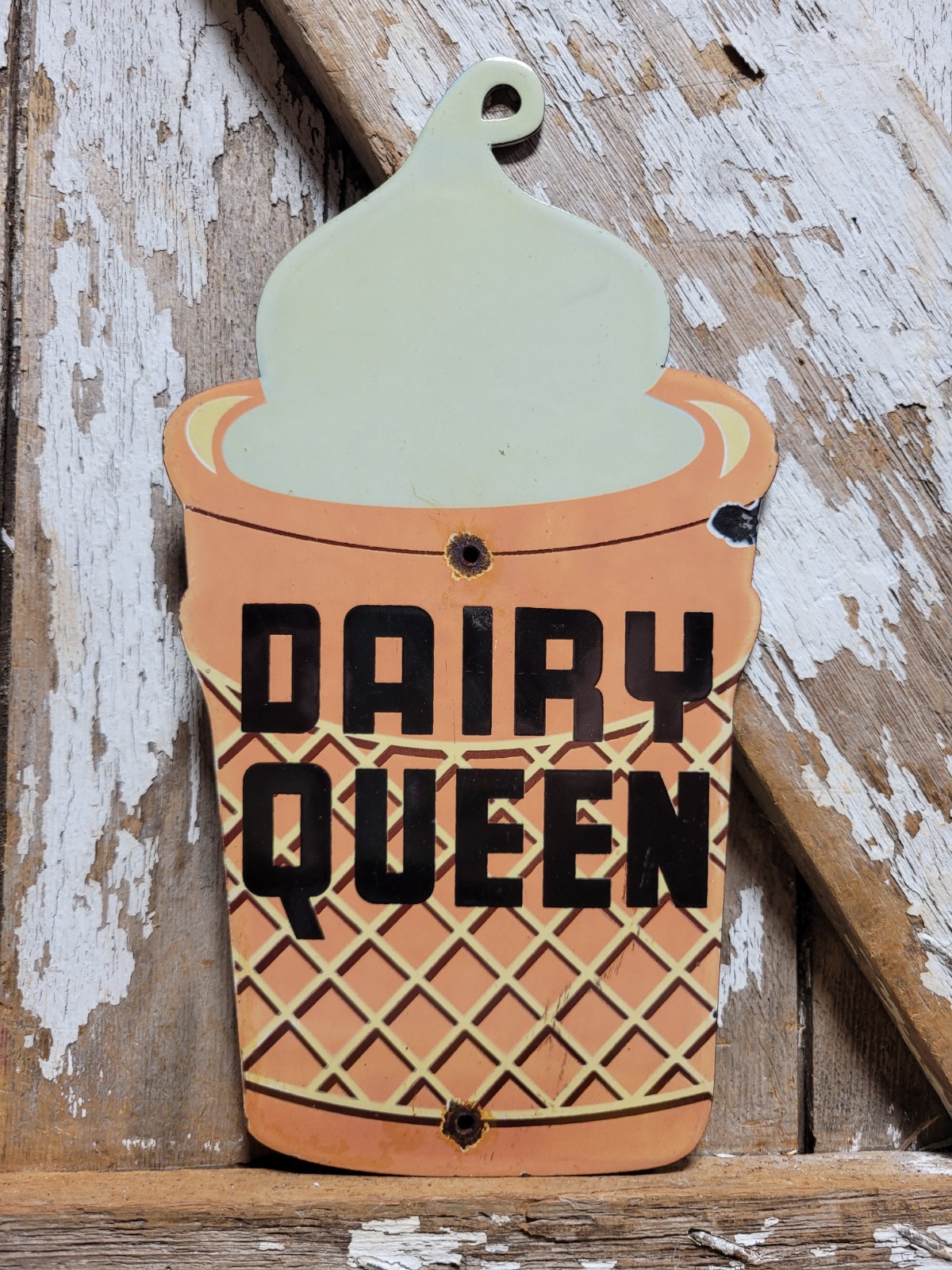 VINTAGE DAIRY QUEEN PORCELAIN SIGN OLD ICE CREAM MILKSHAKE DESSERT CONE DIECUT 