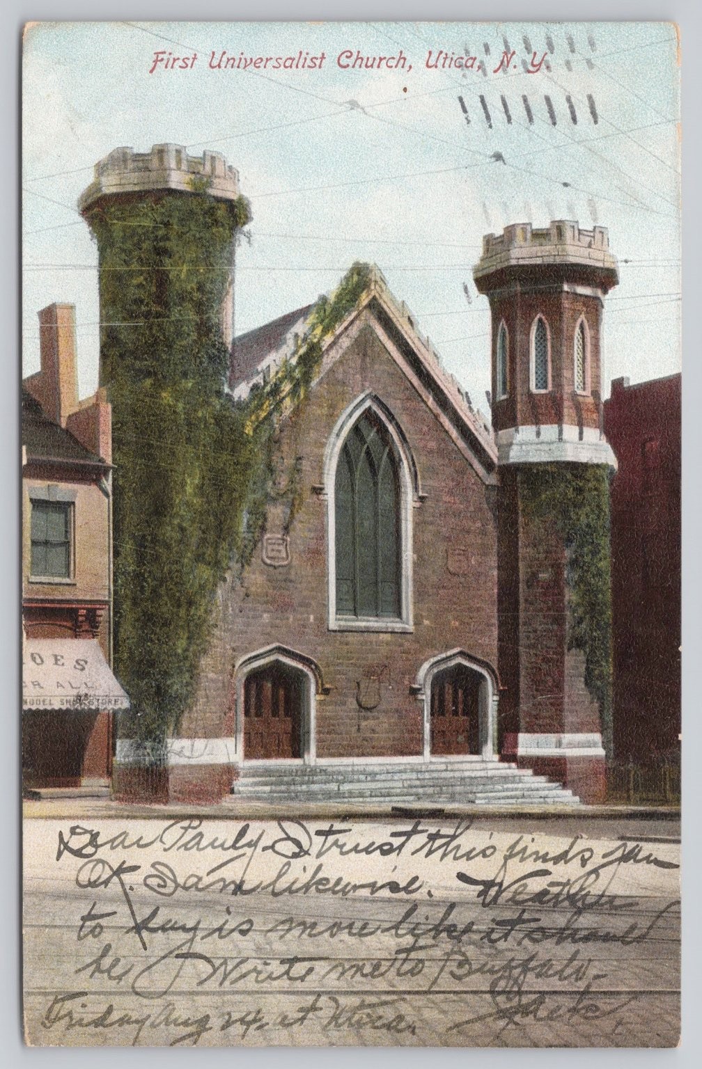 Vintage Postcard First Universalist Church Utica NY 1906 Handwritten