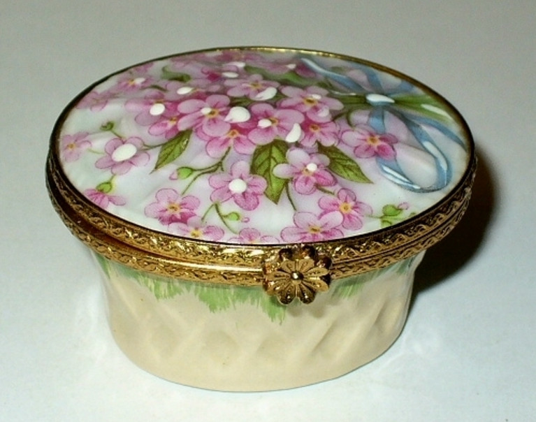 LIMOGES FRANCE BOX ~ EASTER FLOWER BASKET ~ PINK FORGET-ME-NOTS ~ RIBBON & BOW