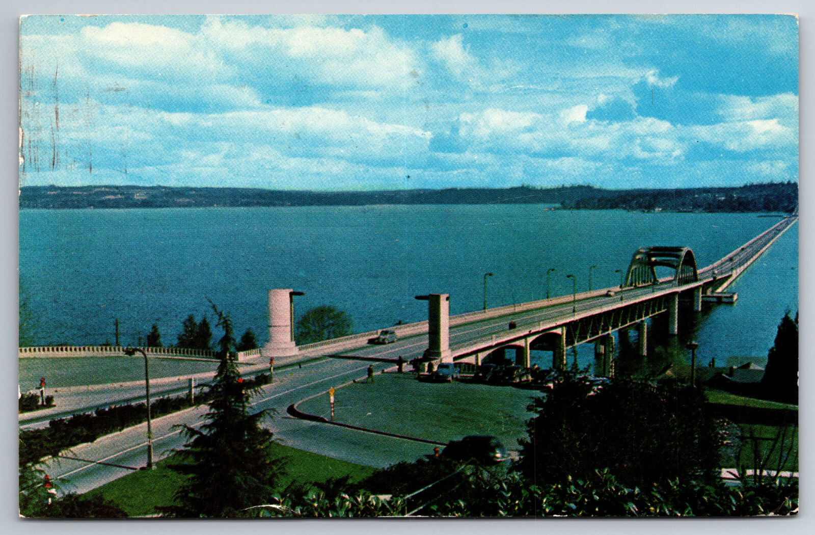Vintage Postcard WA Seattle Lake Washington Floating Bridge c1958 Old Cars 11209