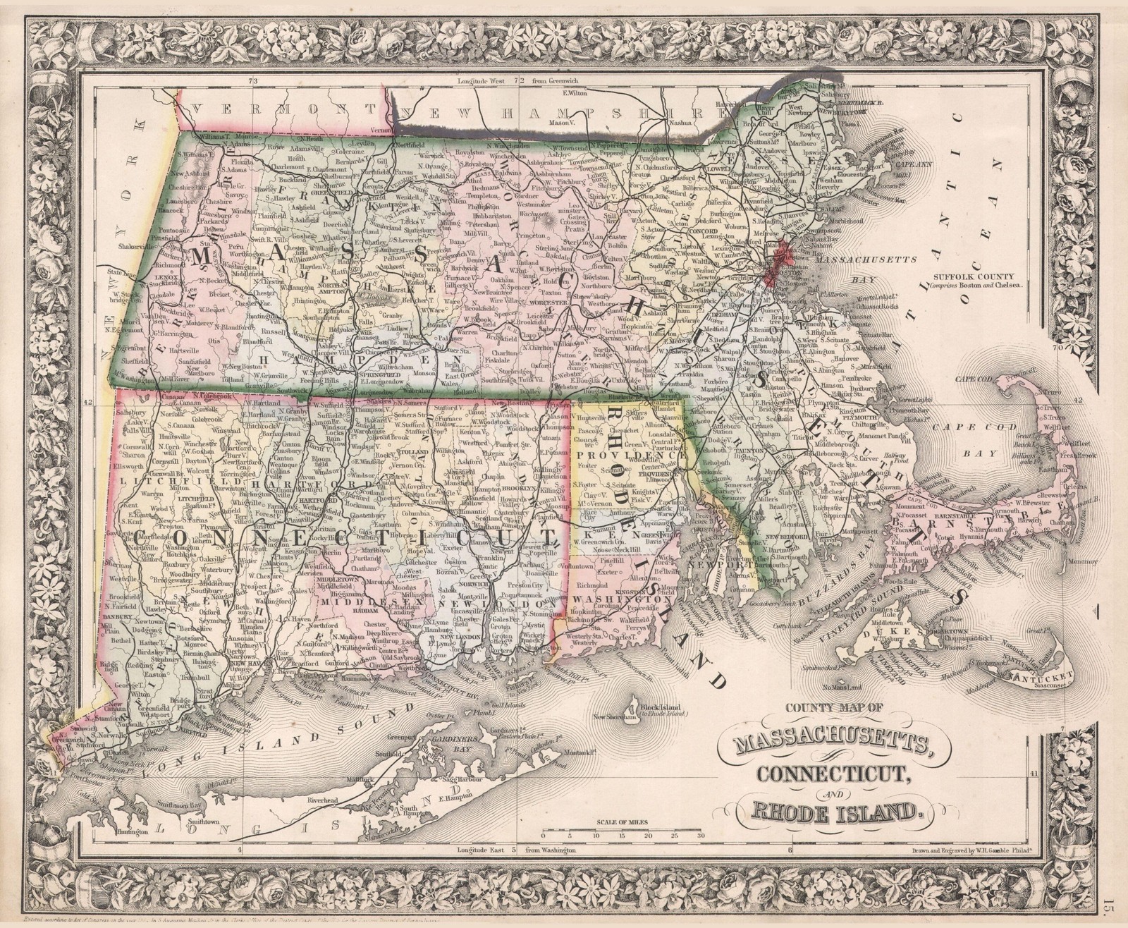 1862 Mitchell\'s Atlas Massachusetts Connecticut Rhode Island Vintage Map Reprint