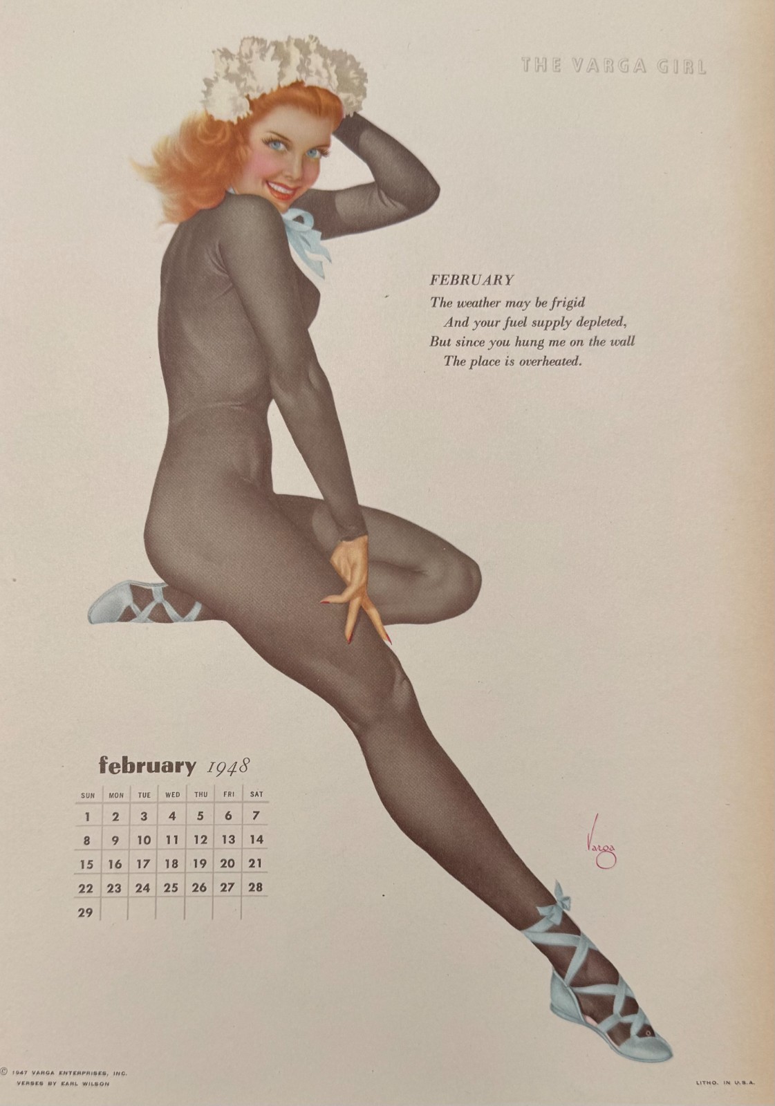 Vintage 1948 Varga Girl Calendar Page February Alberto Vargas Pin Up