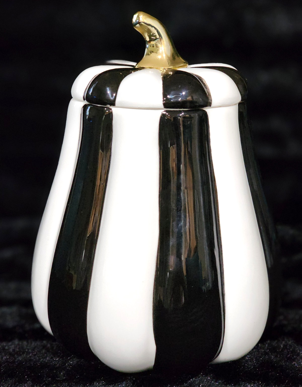 Black White Striped Tall Pumpkin Gourd Canister Treat Jar 8\
