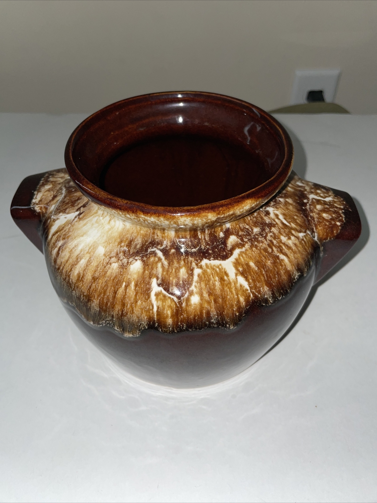 Vintage 2 Quart Pot Brown Drip Glaze Stoneware Pottery Bean Crock Square Handles