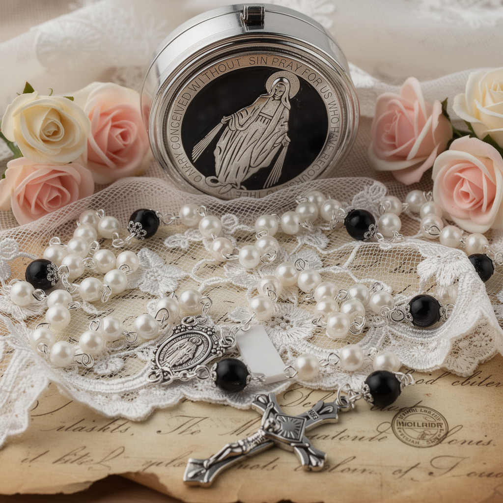 Elegant Black and White Crucifix Rosary