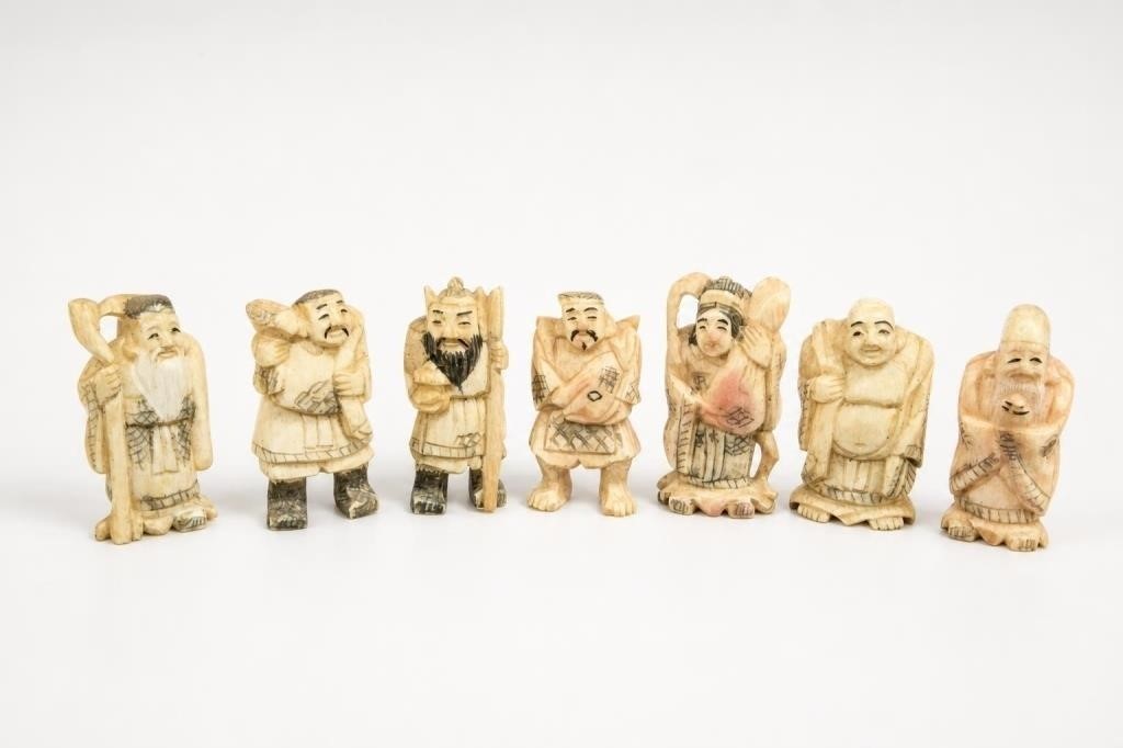 Vintage Hand Carved Seven Lucky Gods Figurine Set