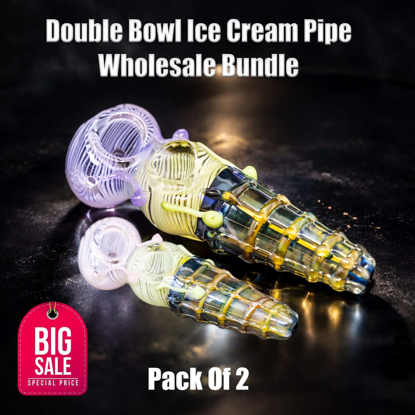 Double Bowl Ice Cream Glass Pipe Tobacco Hand Pipe Wholesale Bundle Lot - 2 PACK
