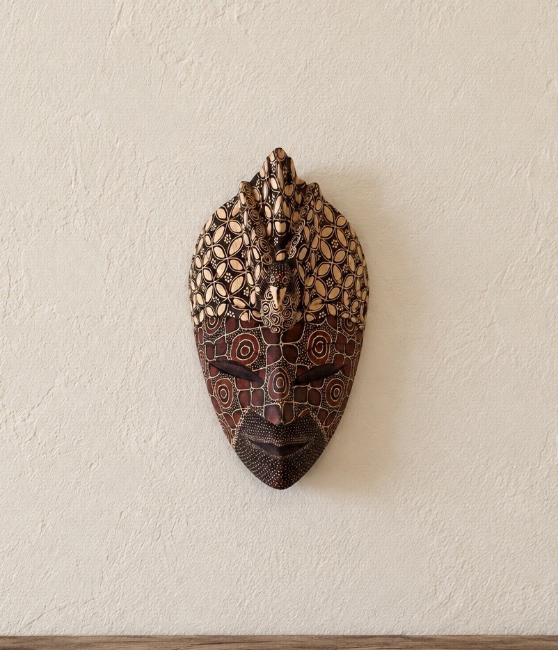 Catur Hand Carved Painted Topeng Batik Panji Wood Mask Indonesia Brown & Natural