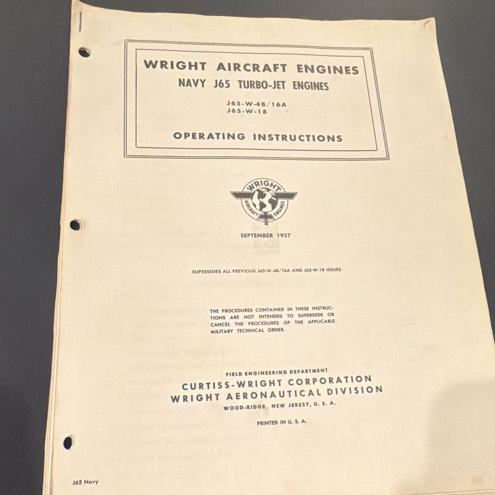 Vintage 1957 Curtiss Wright J65 Turbo-Jet Engine Man Navy J65-W-4B/16A J65-W-18