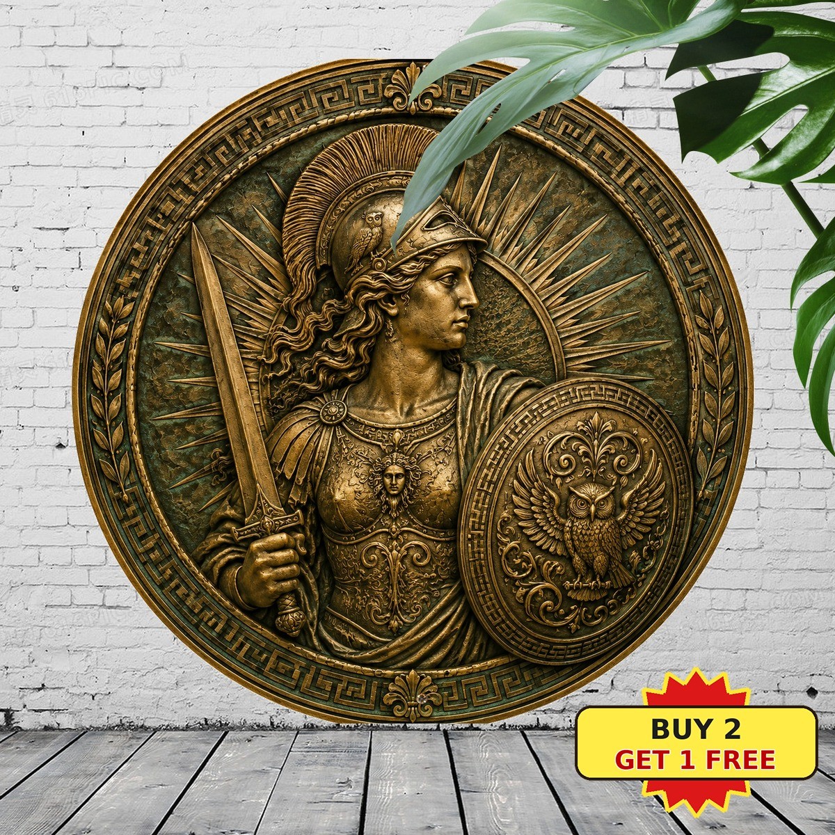 Athena Relief Round Living Room Cafe Metal Sign Greek Goddess Plaque